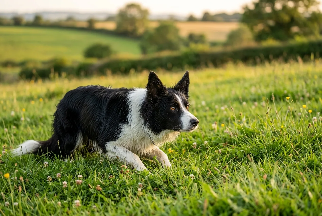 Zekâ sıralamalarında en akıllı köpek sayılan Border Collie, yeşil bir çayırda çömelmiş, dikkatle ileriye bakıyor.