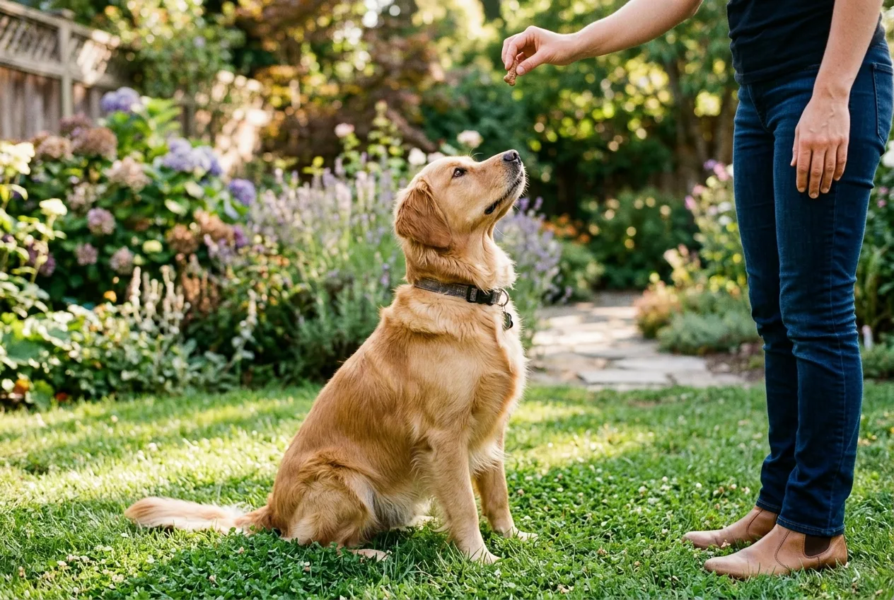 Bahçede sahibinin elindeki ödüle bakarak oturan yetişkin bir Golden Retriever.