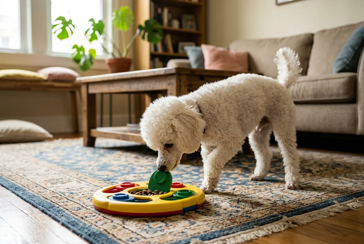 Oturma odasının halısında, burnuyla mama bulmacasının kapağını iten beyaz bir Poodle.