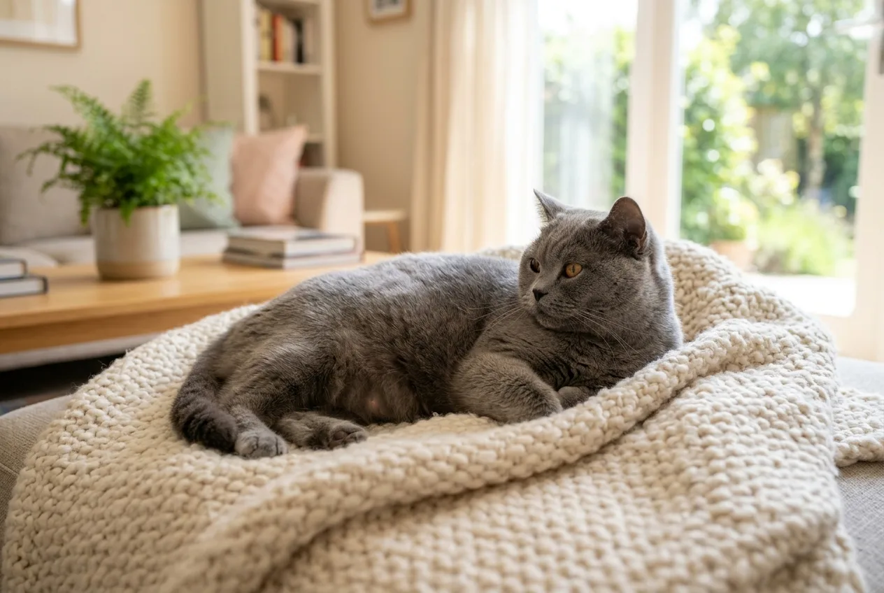 Yumuşak bir battaniye üzerinde dinlenen hamile kedi British Shorthair.