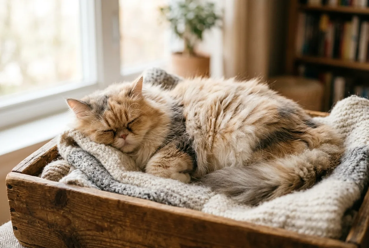 Yuvasında uyuyan karnı büyümüş hamile kedi İran Kedisi.