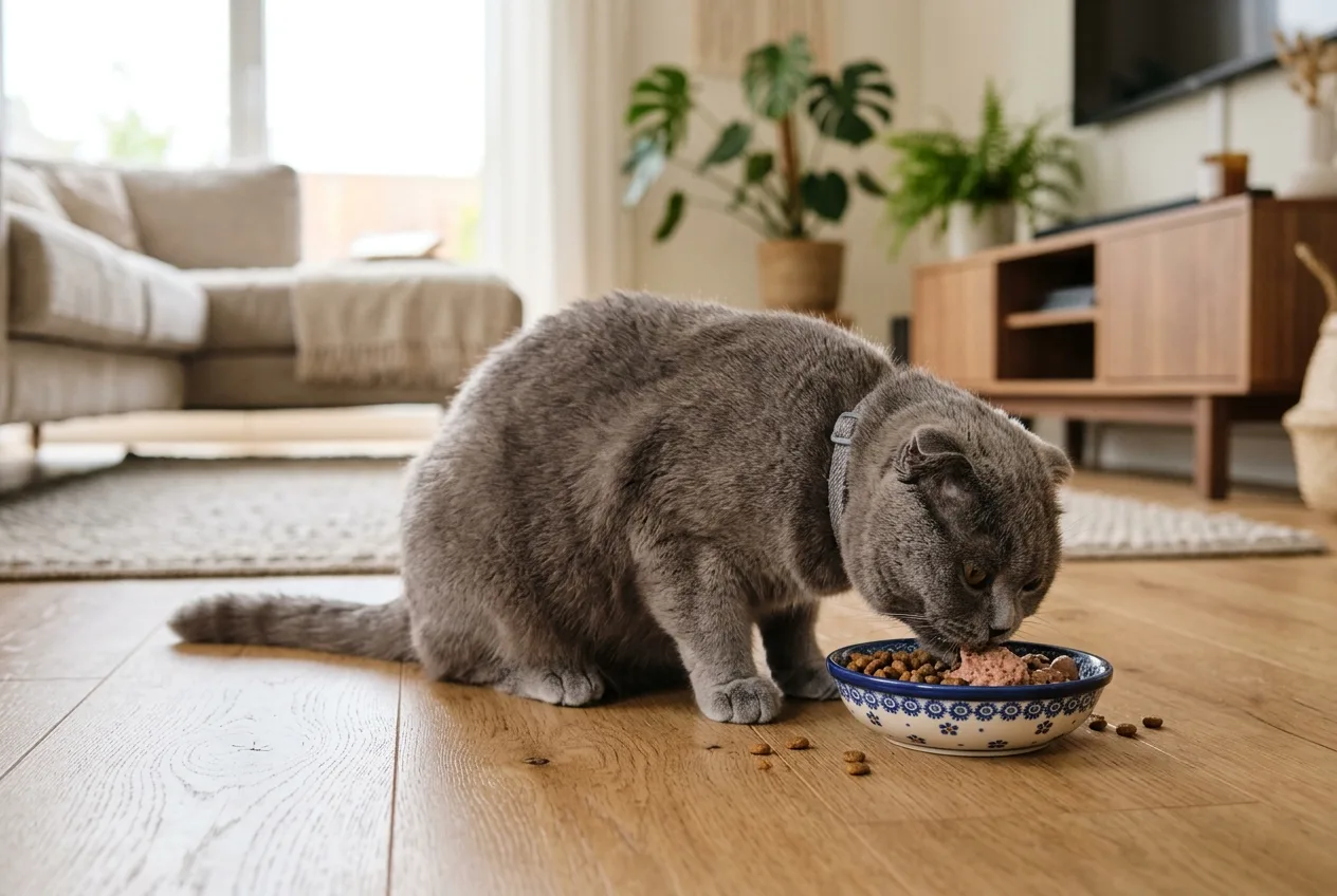 Modern bir evin salonunda kasesinden besleyici yavru kedi maması yiyen hamile kedi Scottish Fold.