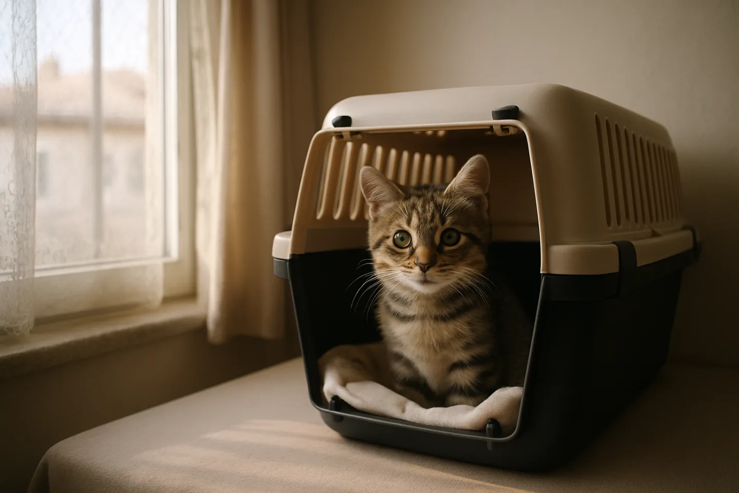 Taşıma çantasında sakin duran yavru kedi, kedi aşı takvimi öncesi klinik hazırlığını çağrıştırıyor.