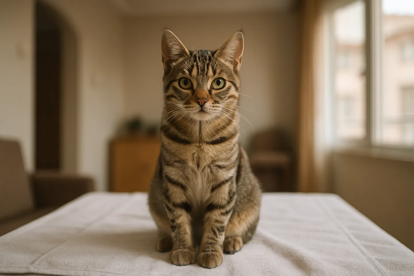 Muayene örtüsü üzerinde oturan genç kedi, yavru dönemdeki aşı kontrol ve takip sürecini anlatıyor.