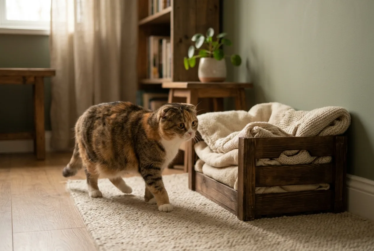 Doğum hazırlığı yapan ve yuva arayan hamile Scottish Fold cinsi kedi.