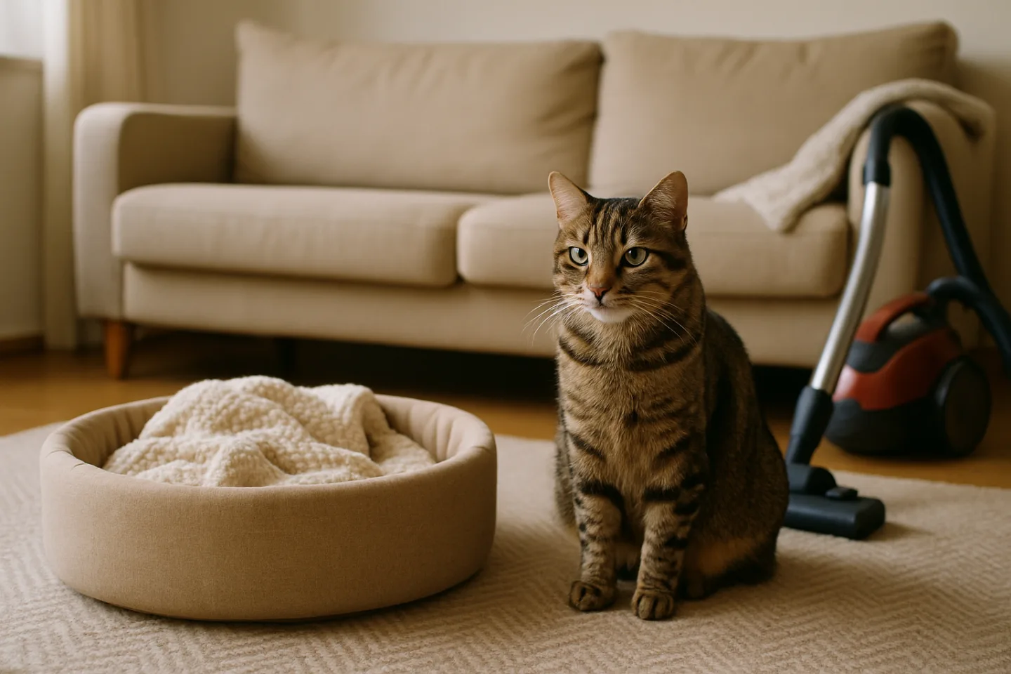 Kedi yatağı ve battaniye yanında oturan tekir kedi, kedilerde pireye karşı ev temizliğinin birlikte yapılması gerektiğini gösteriyor.