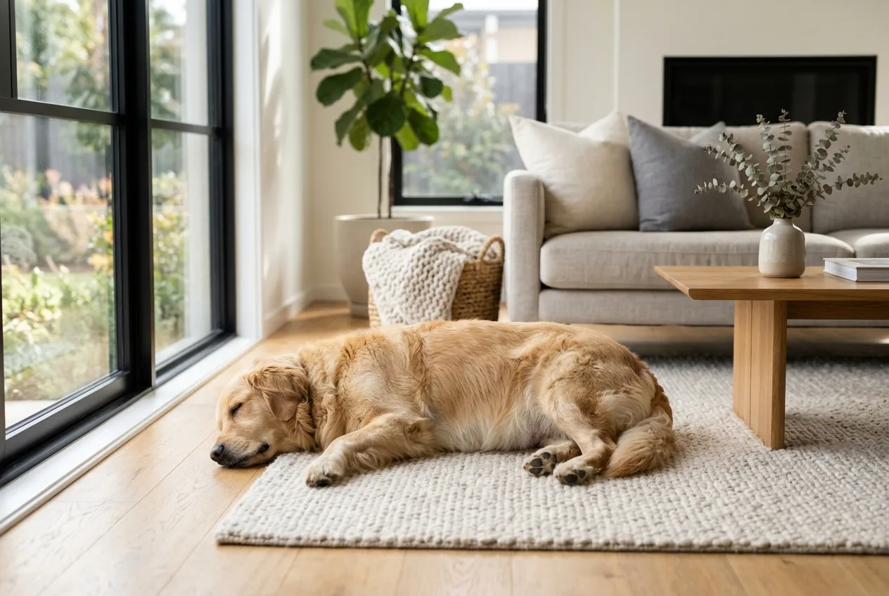 Gebe bir Golden Retriever cinsi köpek rahat bir halının üzerinde huzurla dinleniyor.