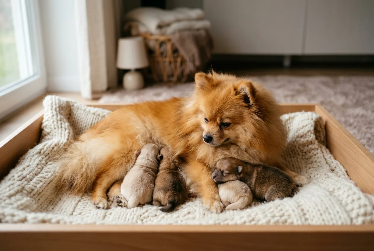 Pomeranian cinsi anne köpek yeni doğan yavrularıyla birlikte güvenli yatağında yatıyor.