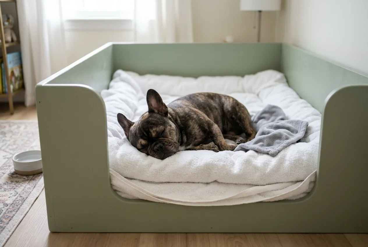 French Bulldog köpeği için evin sessiz bir köşesinde hazırlanan temiz ve korunaklı doğum kutusu.