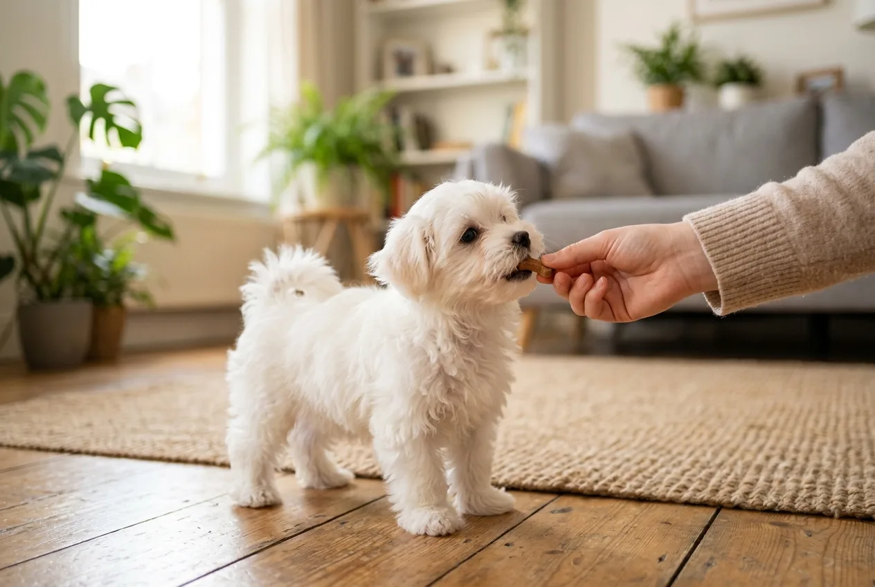Beyaz bir Maltese Terrier yavrusu, salonda sahibinin elinden küçük bir ödül maması alıyor.