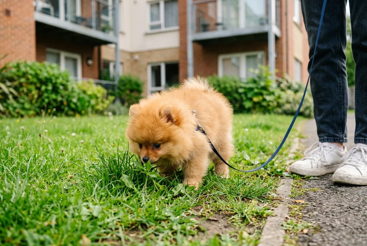 Tasmalı bir Pomeranian yavrusu, apartman önündeki çim alanda burnunu yere yaklaştırarak kokluyor.