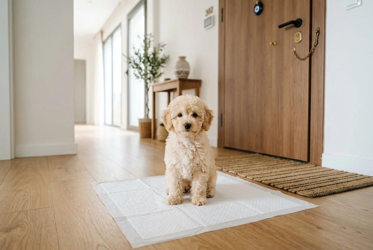 Krem renkli bir Toy Poodle yavrusu, kapının yakınına serilmiş beyaz eğitim pedinin üzerinde oturuyor.