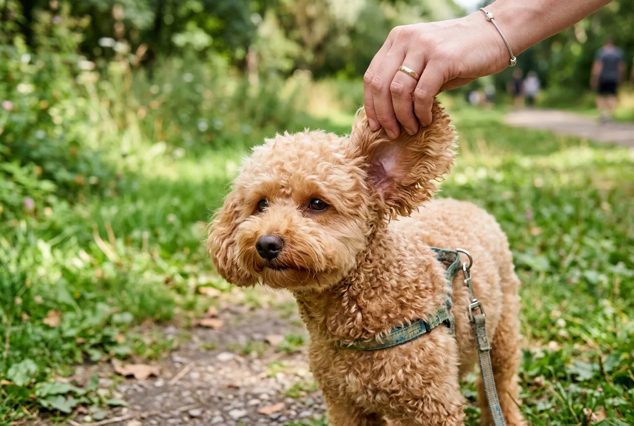 Yürüyüşten dönen Toy Poodle'ın kulağını kontrol eden el. Köpeklerde kene için kulak, sık yapışılan bölgelerden biridir.