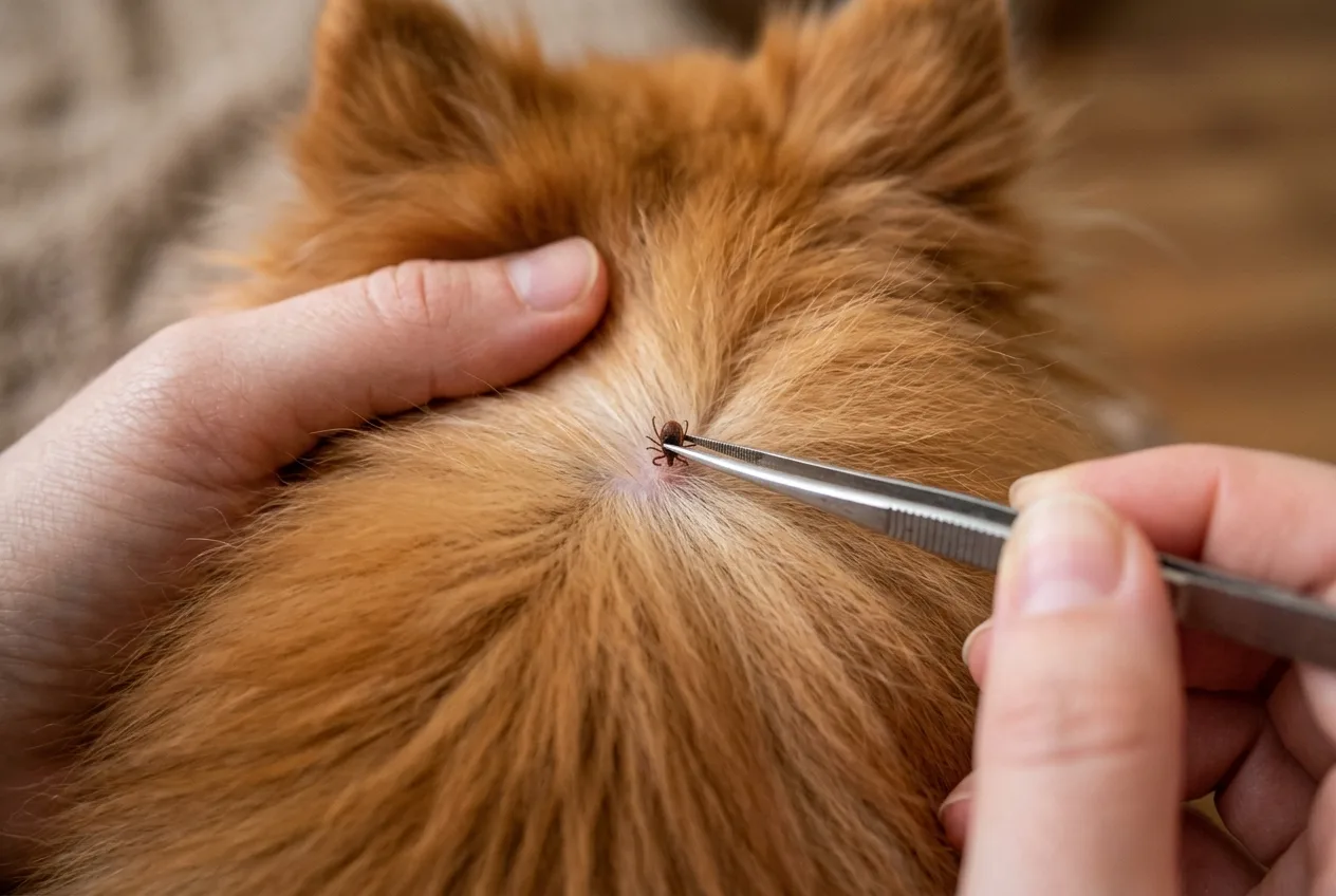 İnce uçlu bir cımbız, Pomeranian bir köpeğin boynundaki keneyi deriye en yakın noktadan tutuyor.