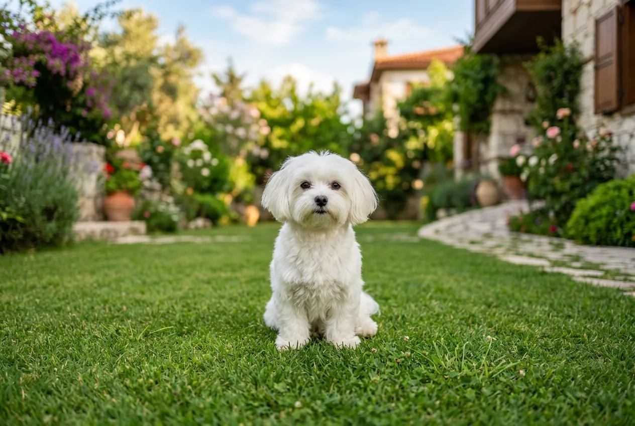 Çimi kısa kesilmiş bir bahçede oturan Maltese Terrier. Çimi kısa tutmak köpeklerde kene riskini azaltır.