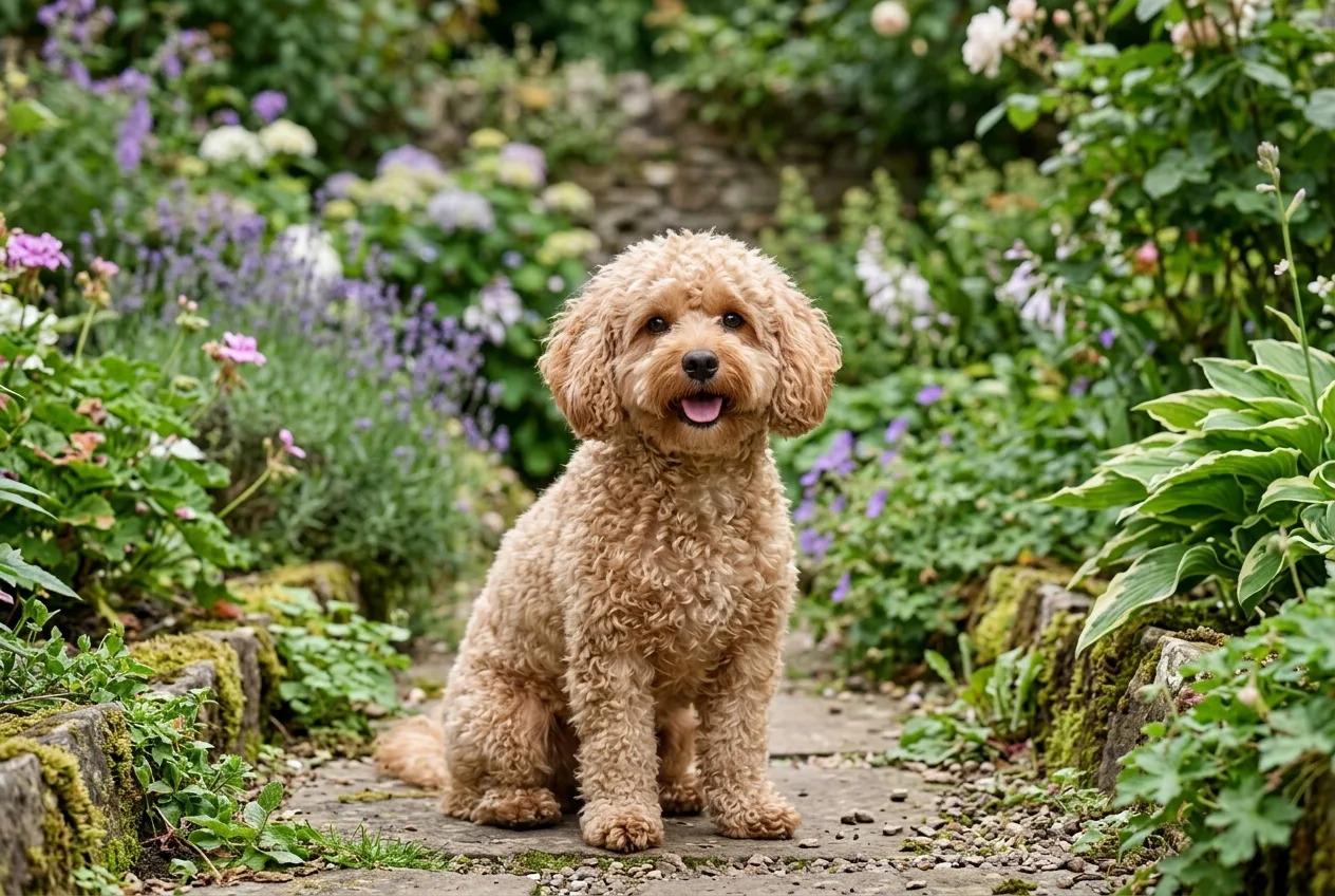 Sıkı kıvırcık tüylü, açık kahverengi bir Labradoodle bahçede oturuyor.