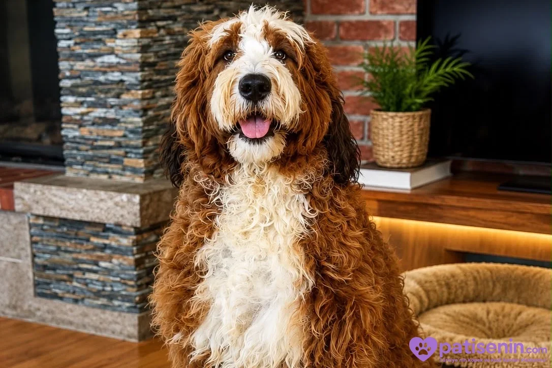 Kahverengi, beyaz ve siyah tüylü bir Bernedoodle oturma odasında oturup kameraya bakıyor.