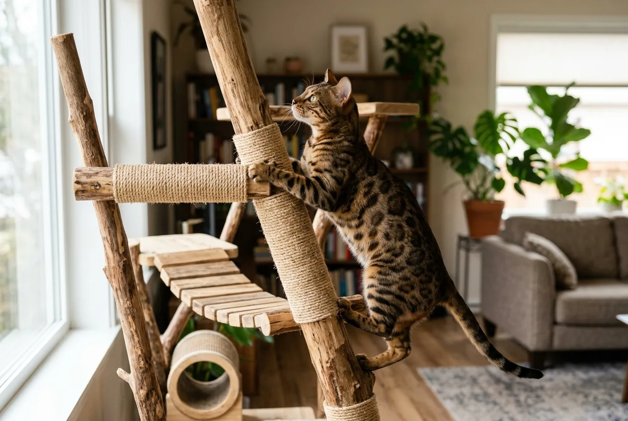 Benekli desenli kısa tüylü bir Bengal kedisi ahşap bir kedi ağacına tırmanıyor.