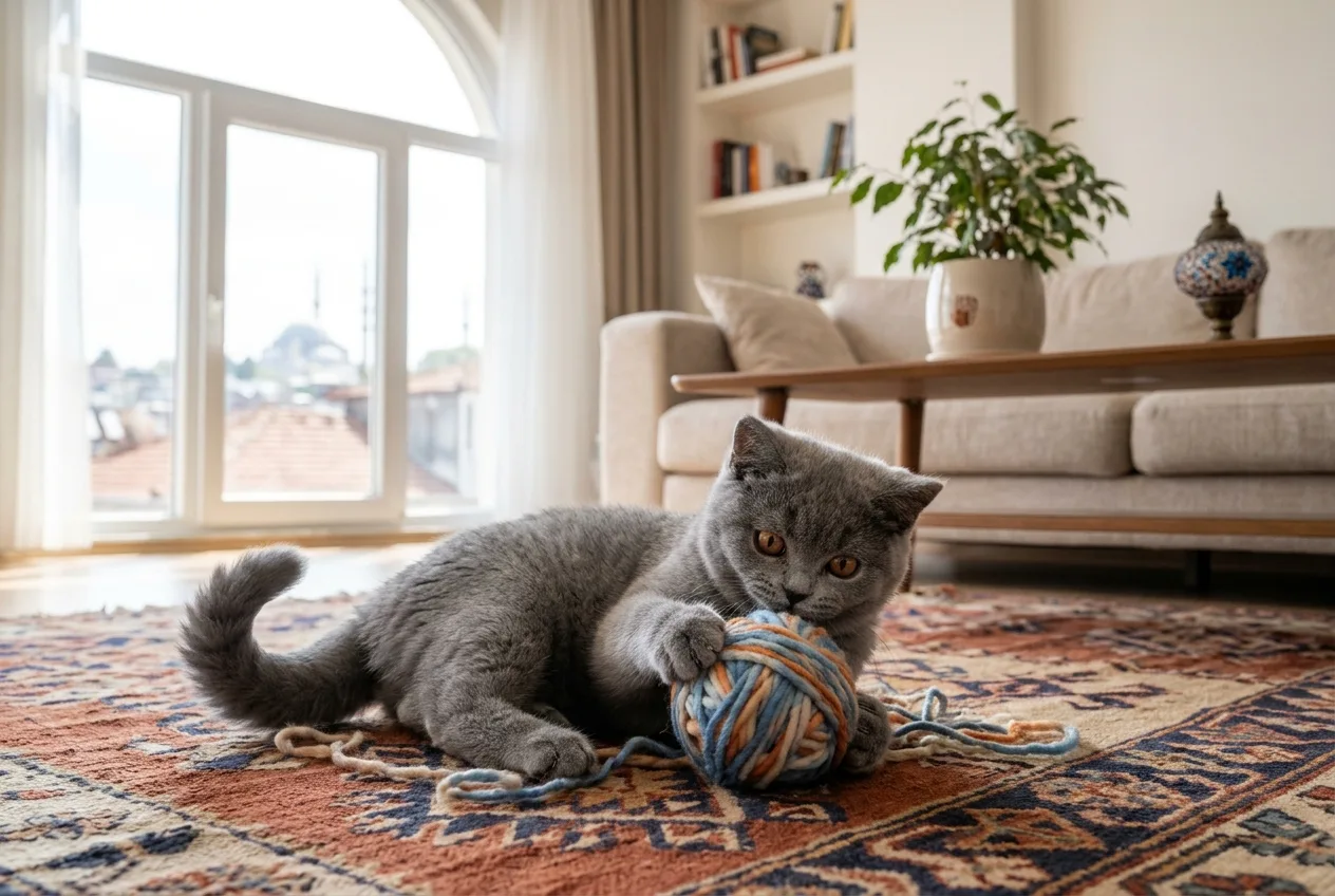 Gri tüylü British Shorthair yavrusu, evdeki halının üzerinde yün yumağıyla oynuyor.