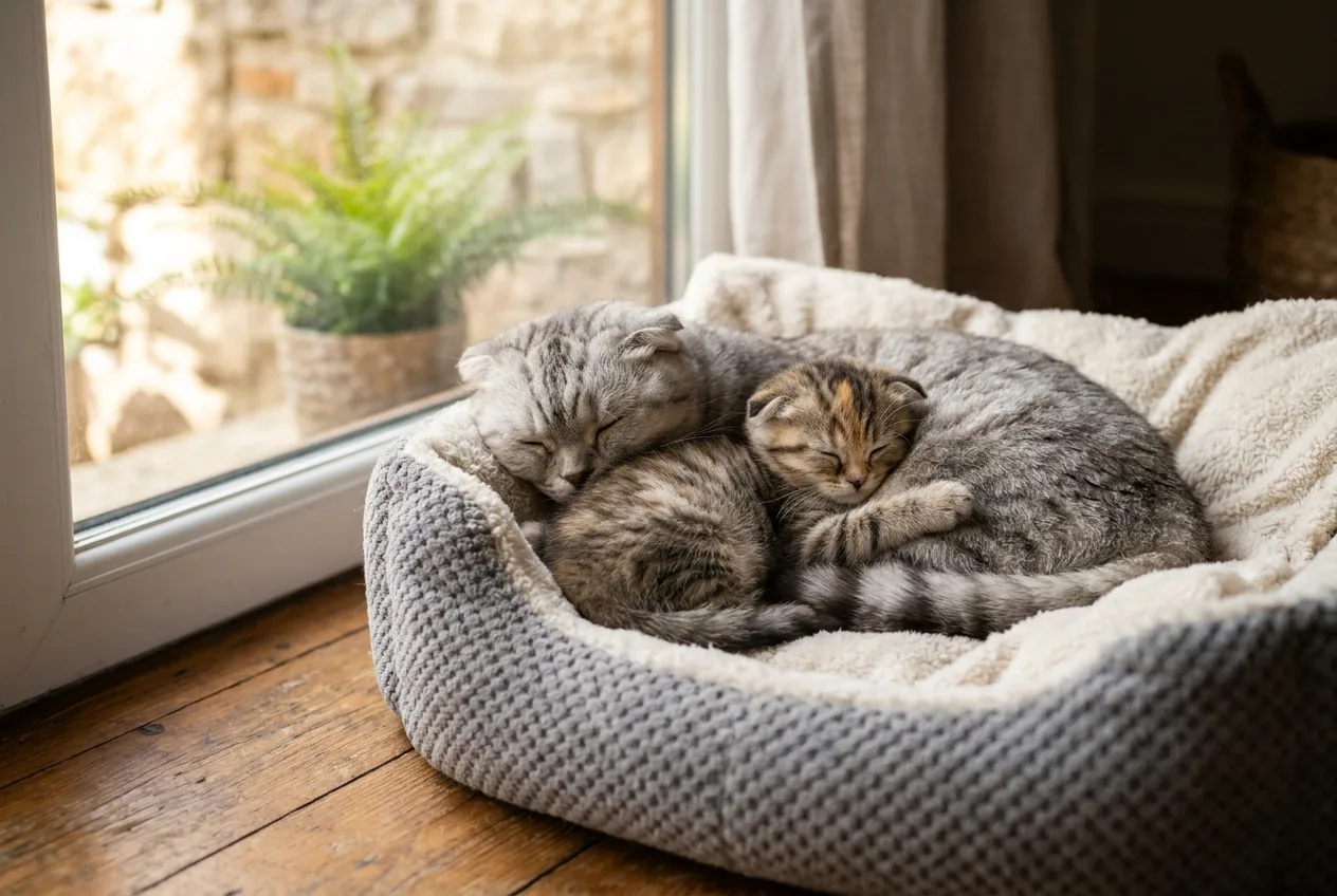 Tabby desenli Scottish Fold anne kedi ve yavrusu, gri kedi yatağında birbirine sarılarak uyuyor.