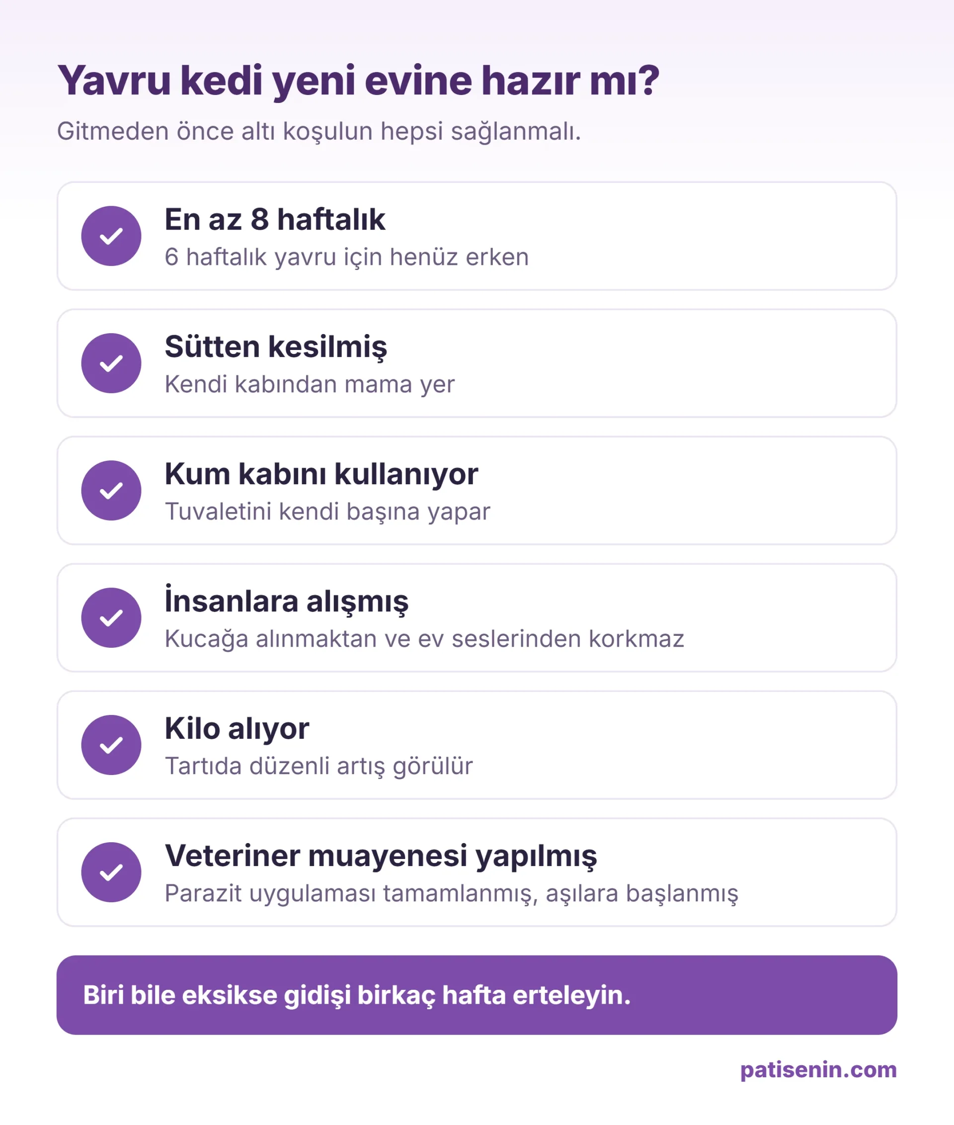 Yavru kedinin annesinden ayrılıp yeni evine gitmeye hazır olduğunu gösteren altı koşulun kontrol listesi.