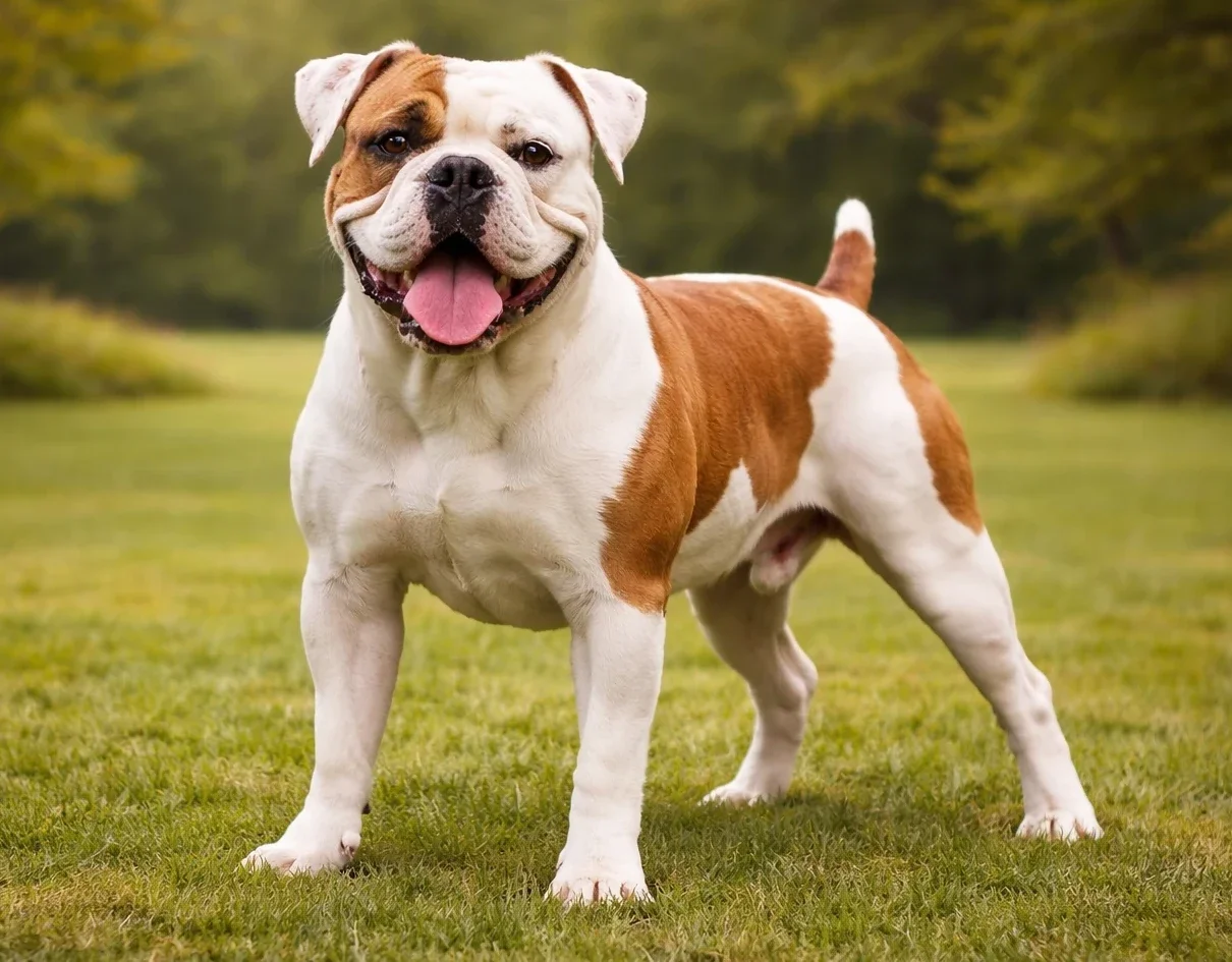 Çimlerde ayakta duran ve kameraya bakan bir amerikan bulldog köpek