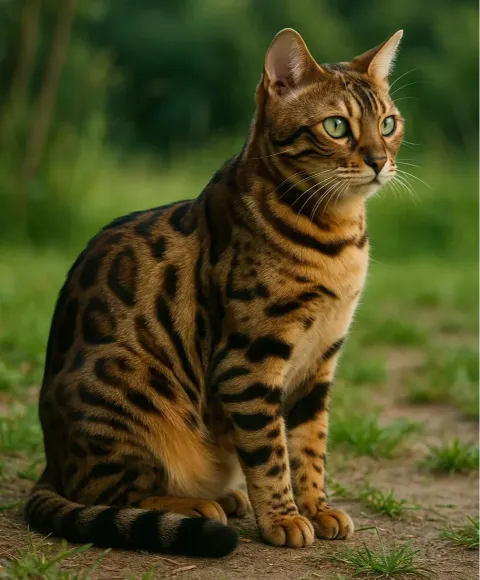 Çimlerde oturan bir Bengal kedisi