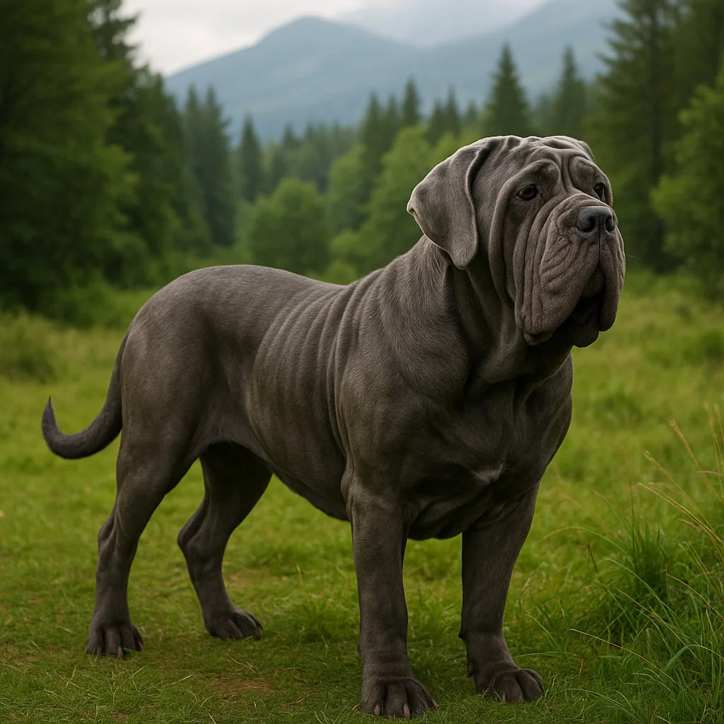 Doğada ayakta duran ve sağ tarafa bakan bir napoliten mastiff 