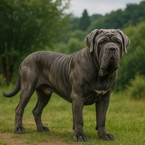 Ayakta duran iri yapılı bir napoliten mastiff köpek