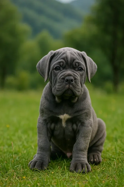 Oturan bir napoliten mastiff köpek yavrusu
