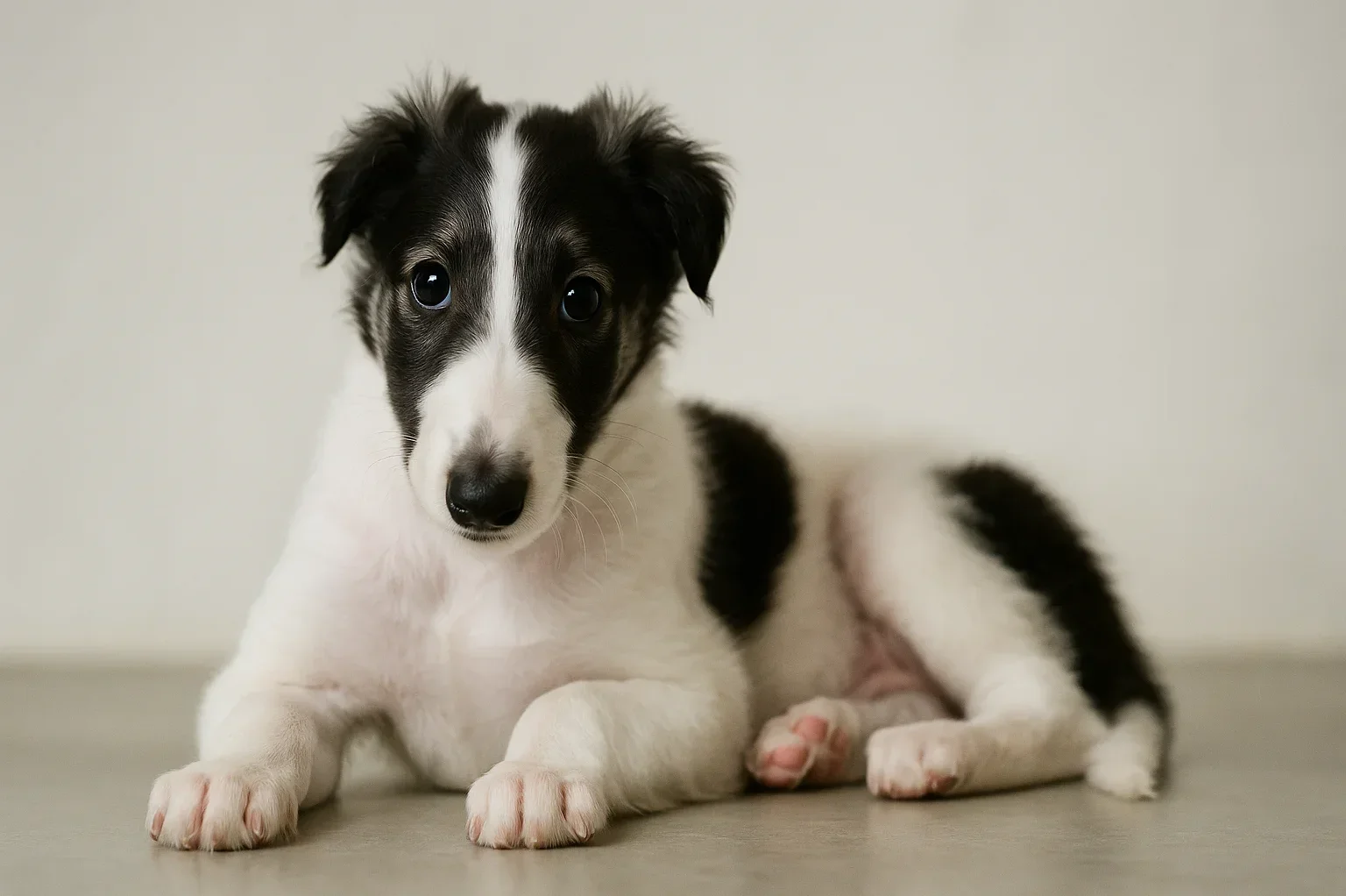 Ev ortamında yattığı yerden kameraya bakan bir borzoy (borzoi) yavrusu