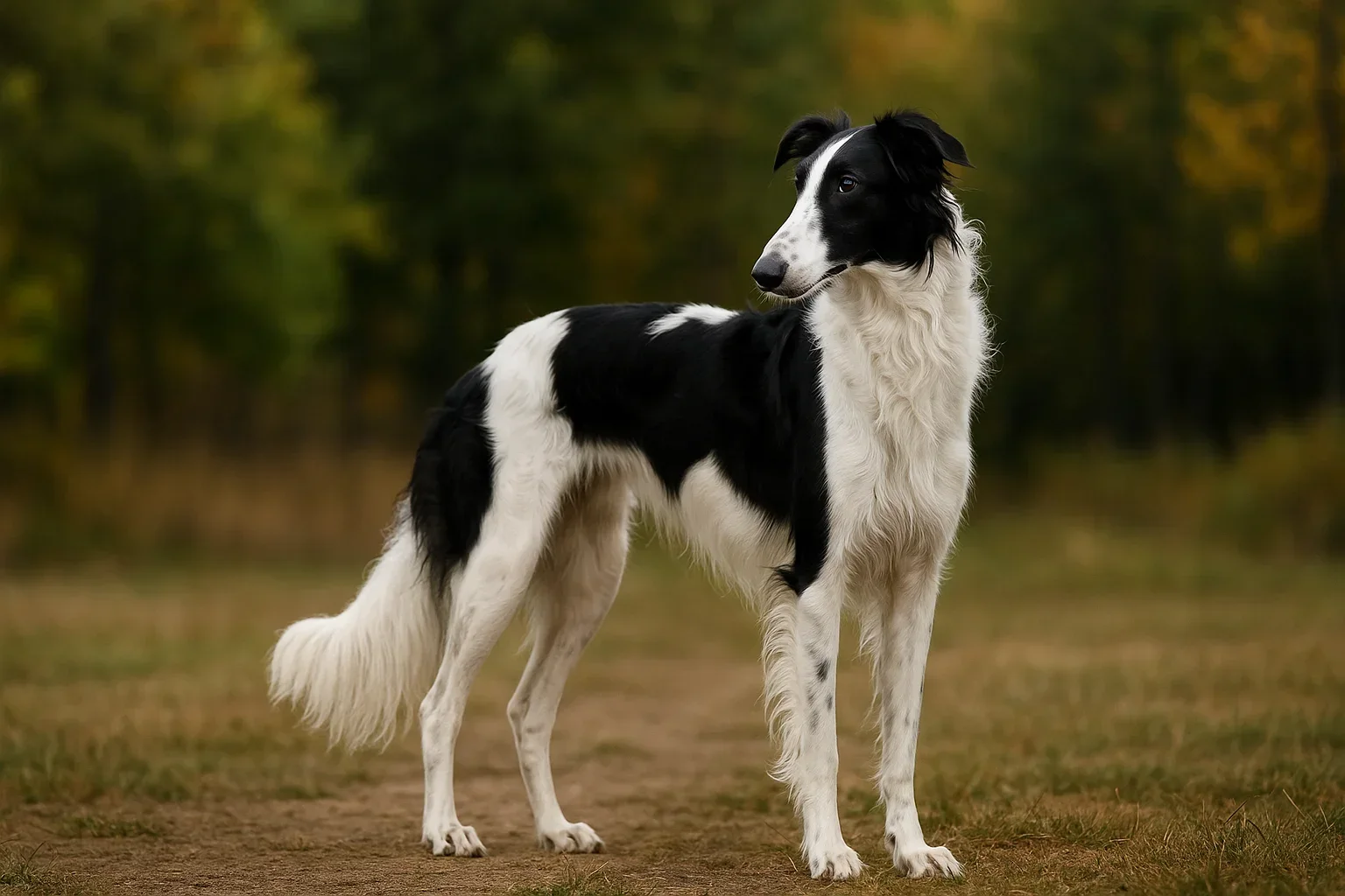 Doğada ayakta duran bir borzoy (borzoi) 