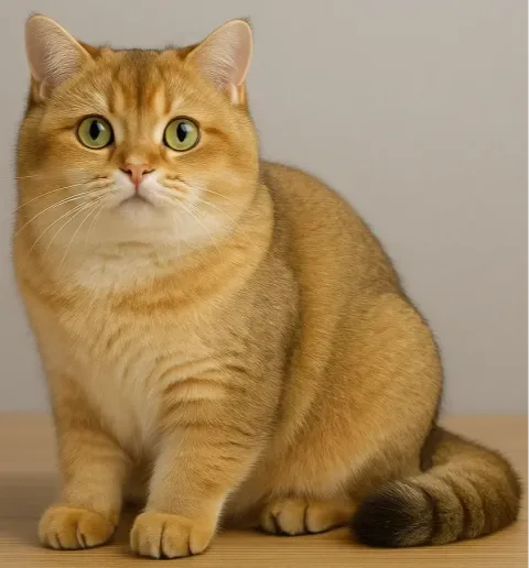 Oturduğu yerden kameraya bakan bir golden british shorthair kedi