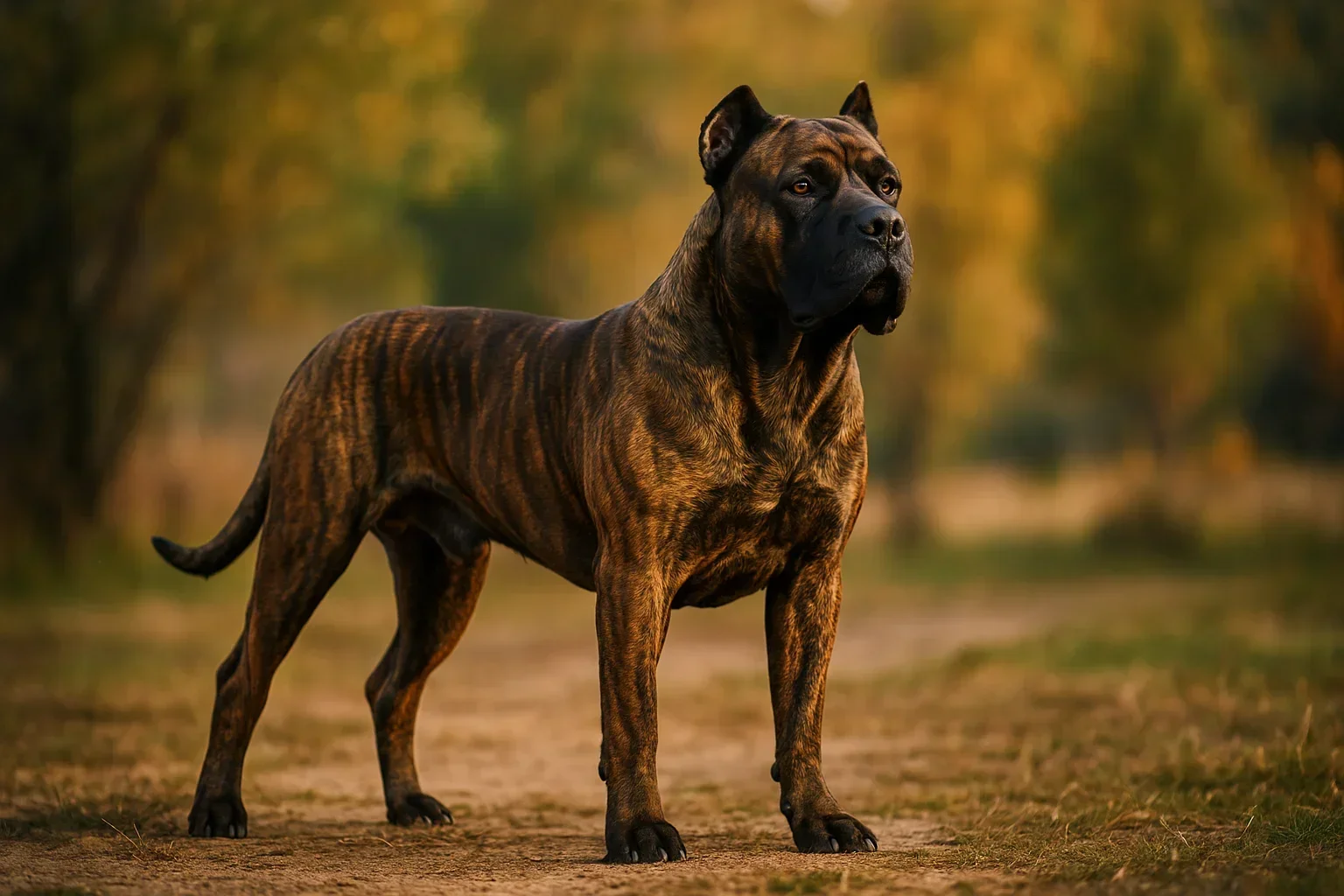 Doğada ayakta duran ve sağ tarafa bakan bir presa canario k&ouml;pek