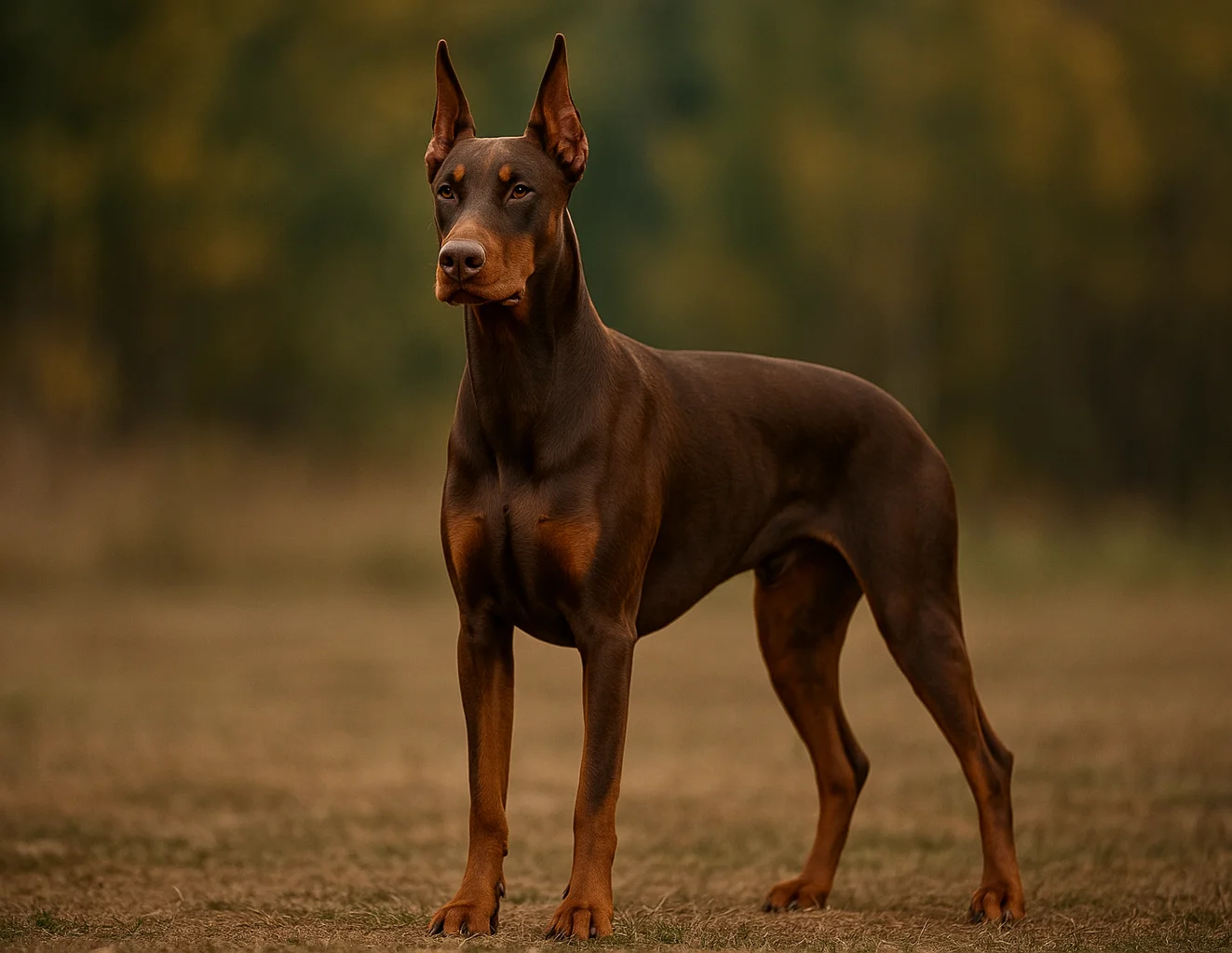 Doğada ayakta duran ve sola doğru bakan kızıl bir doberman