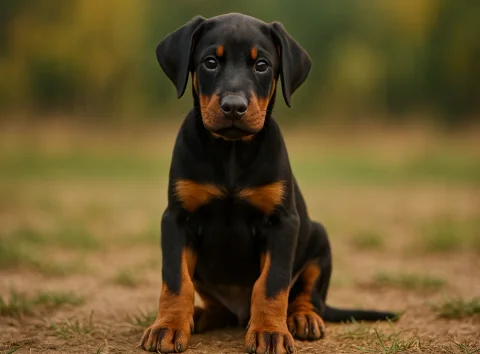 Toprak zeminde oturan siyah-pas renkli bir doberman yavrusu