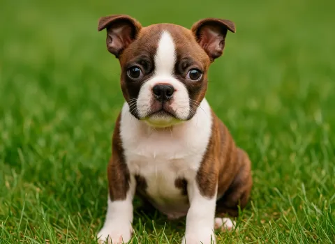 Çimlerde oturduğu yerden kameraya bakan bir boston terrier yavrusu