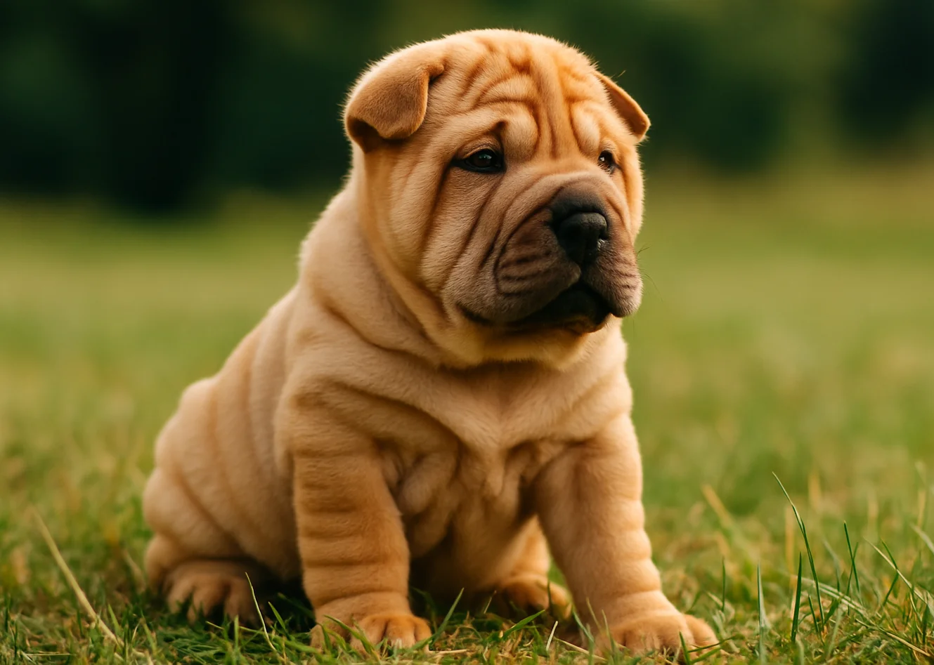 &Ccedil;imlerde oturduğu yerden ileriye bakan bir shar pei yavrusu