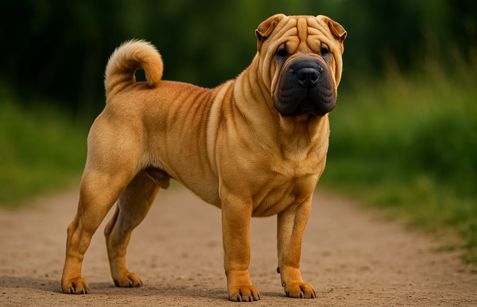 Patikada ayakta duran ve kameraya bakan bir shar pei