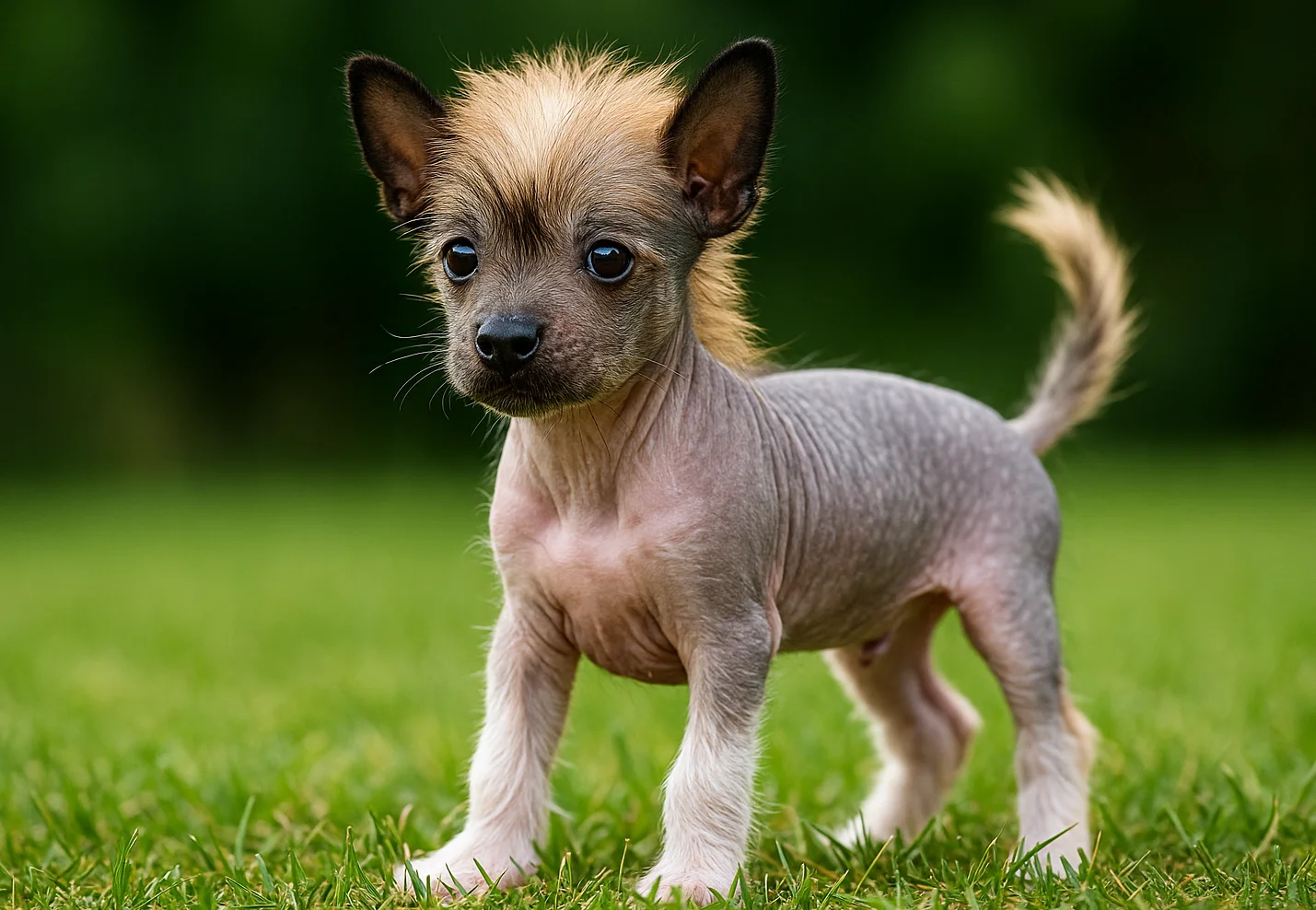 &Ccedil;imlerde ayakta duran ve sol tarafa bakan bir t&uuml;ys&uuml;z &ccedil;in k&ouml;peği yavrusu