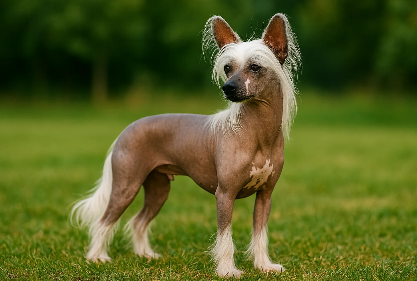 &Ccedil;imlerde ayakta duran ve sol tarafa bakan bir t&uuml;ys&uuml;z &ccedil;in k&ouml;peği