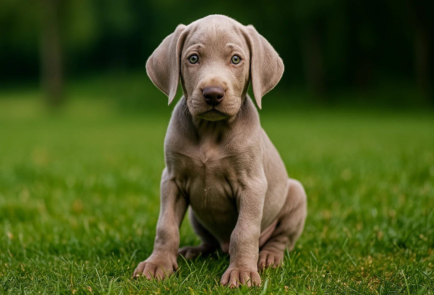 &Ccedil;imlerde oturduğu yerden kameraya bakan bir weimaraner yavrusu