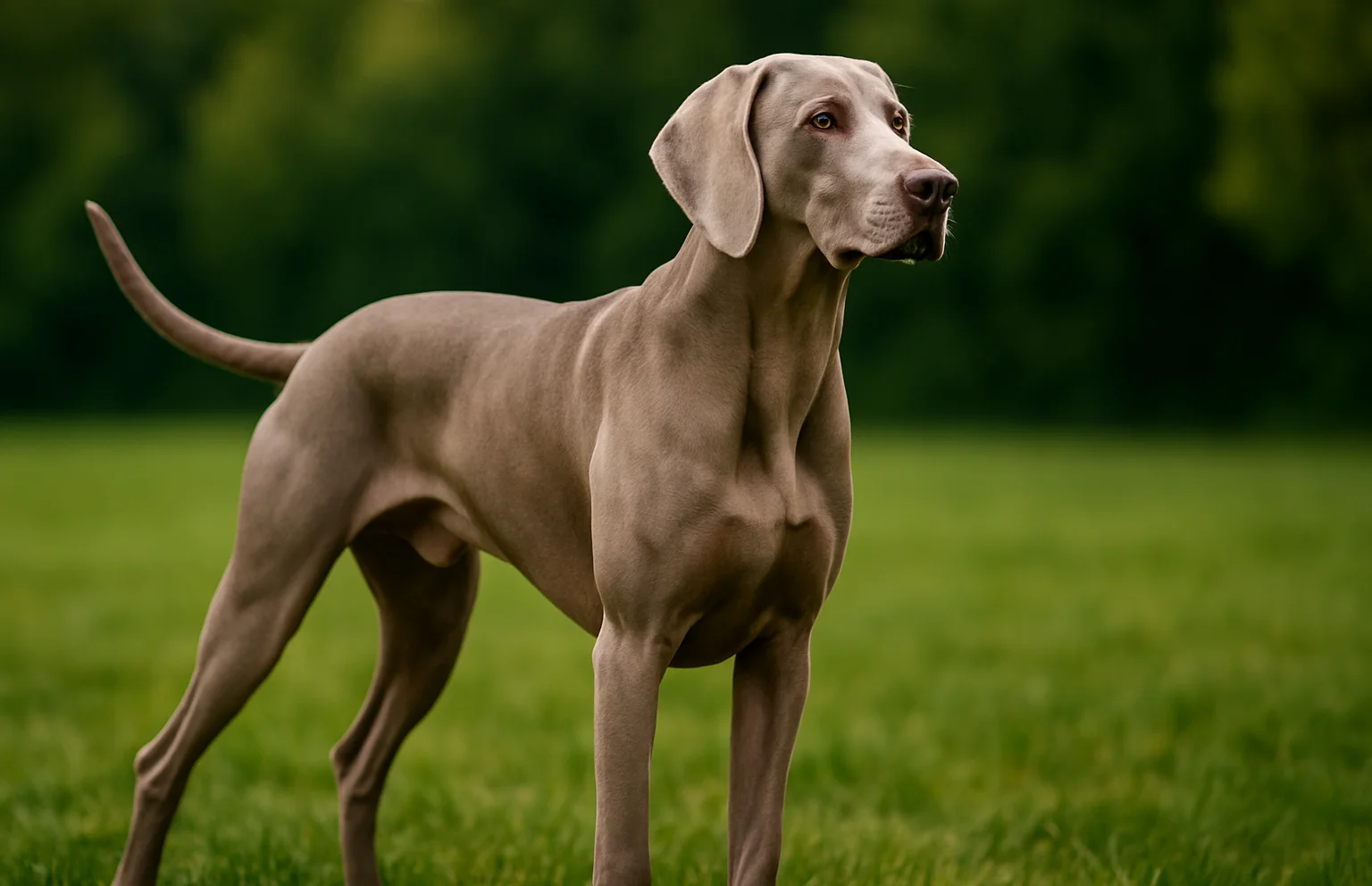 &Ccedil;imlerde ayakta duran ve sağ tarafa bakan bir weimaraner