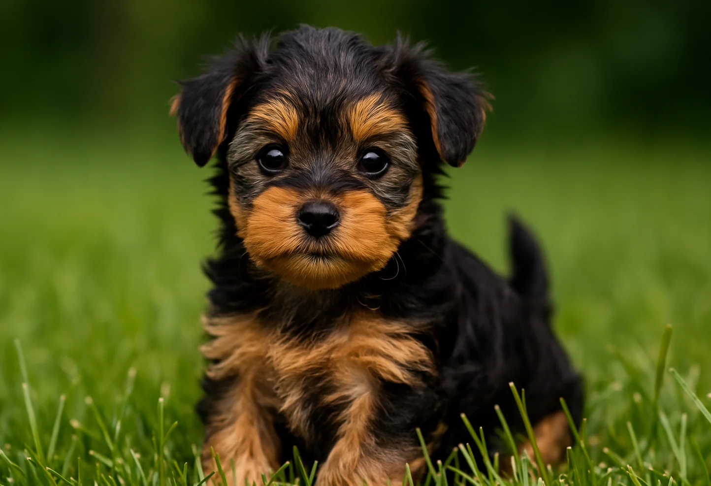 &Ccedil;imlerde oturduğu yerden kameraya bakan yorkipoo yavru