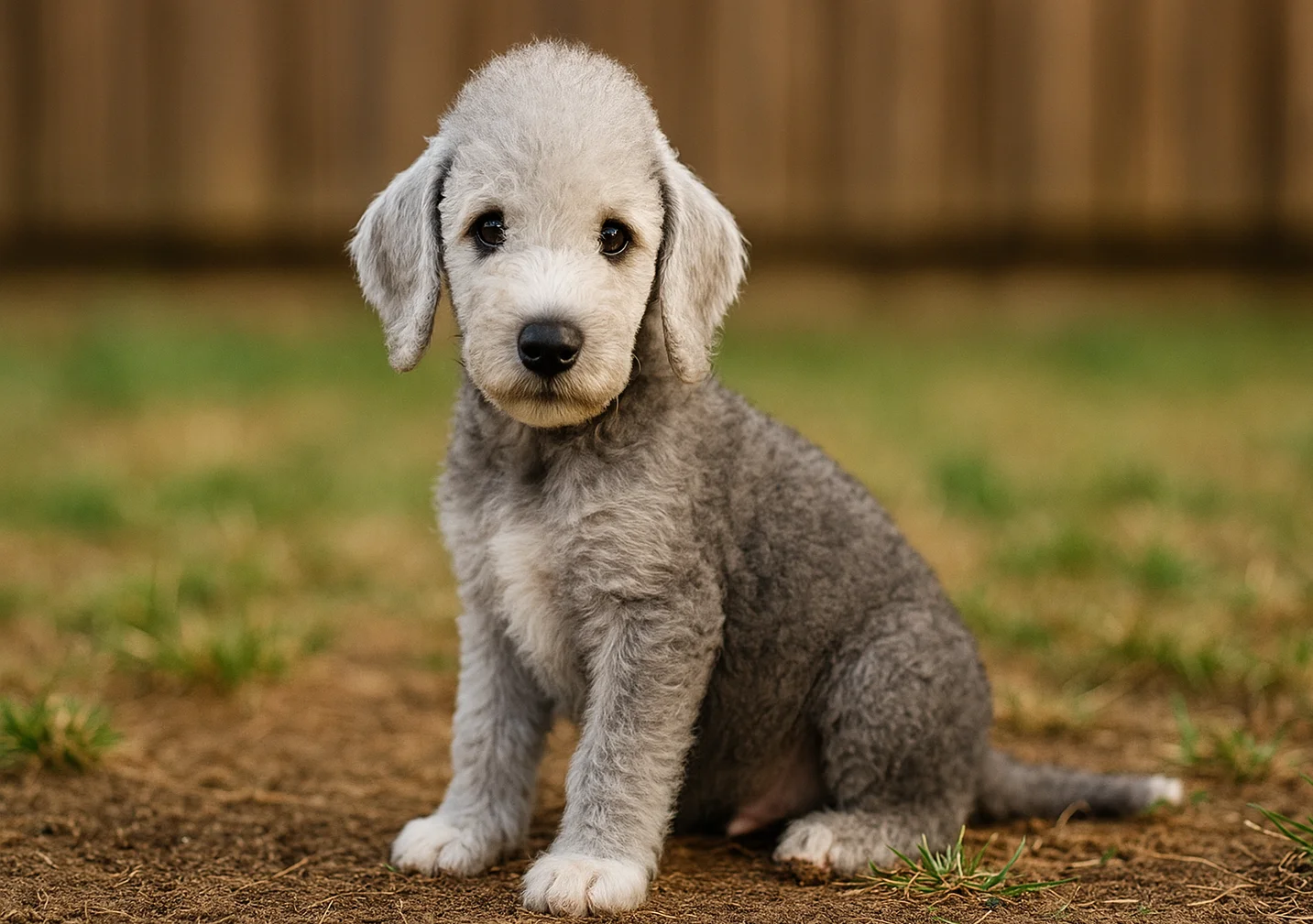Bah&ccedil;ede oturduğu yerden kameraya bakan bir bedlington terrier yavrusu