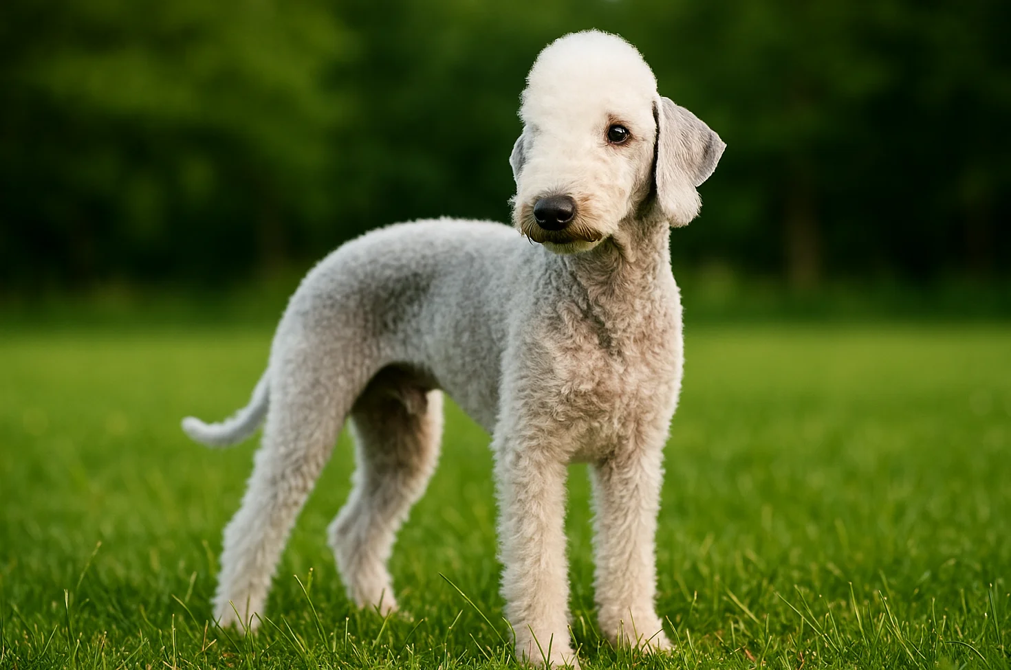 &Ccedil;imlerde ayakta duran ve sol tarafa bakan bir bedlington terrier k&ouml;pek