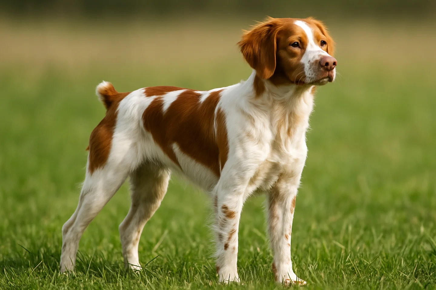 &Ccedil;imlerde ayakta duran ve sağ tarafa bakan bir Brittany K&ouml;pek