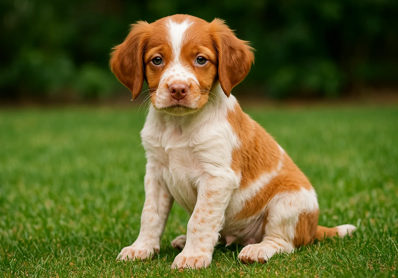&Ccedil;imlerde oturduğu yerden kameraya bakan bir Brittany k&ouml;pek yavrusu