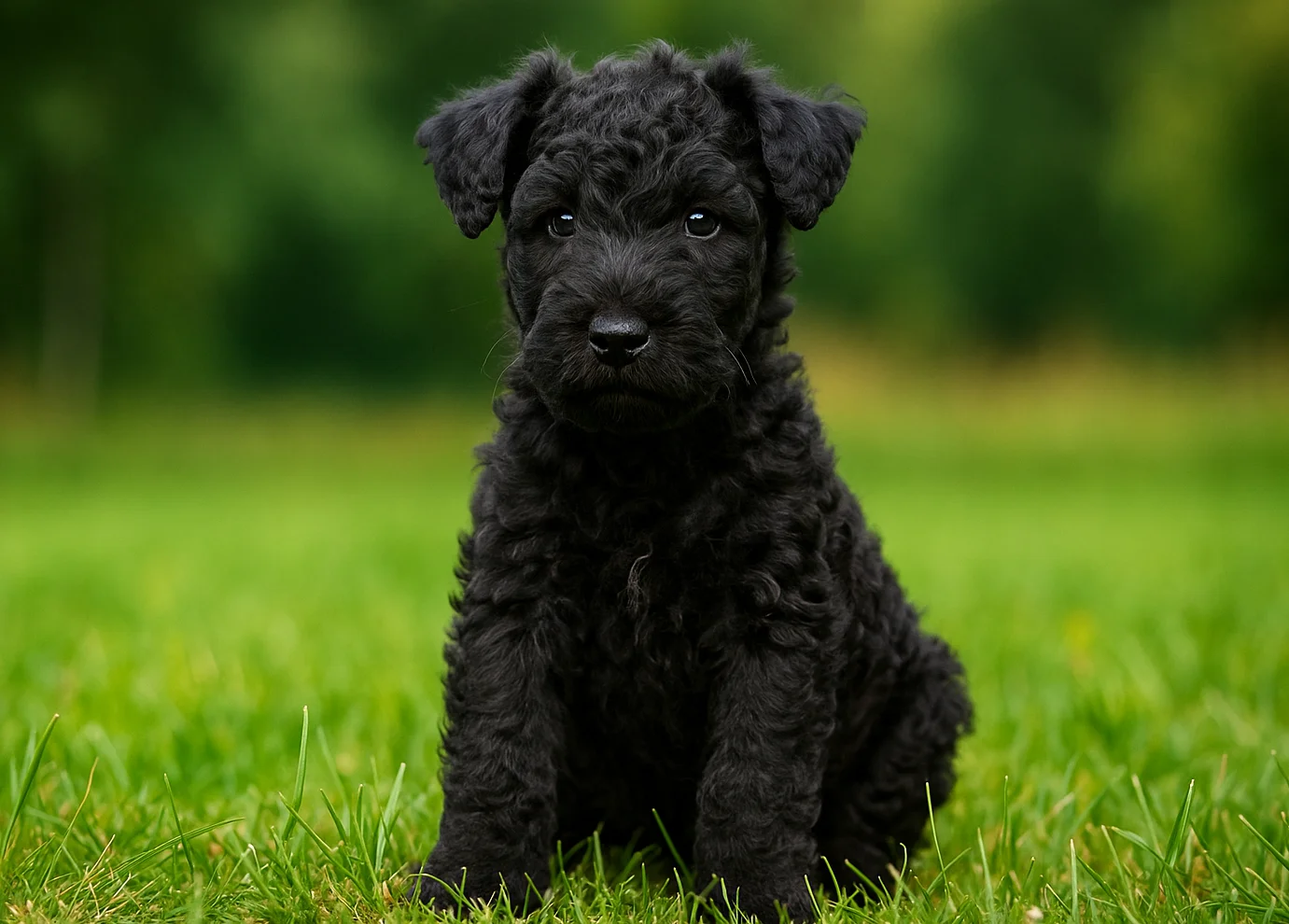 &Ccedil;imlerde oturduğu yerden kameraya bakan bir kerry blue terrier yavrusu