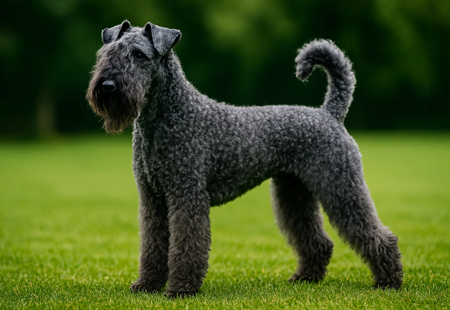 &Ccedil;imlerde ayakta duran ve sol tarafa bakan bir kerry blue terrier k&ouml;pek